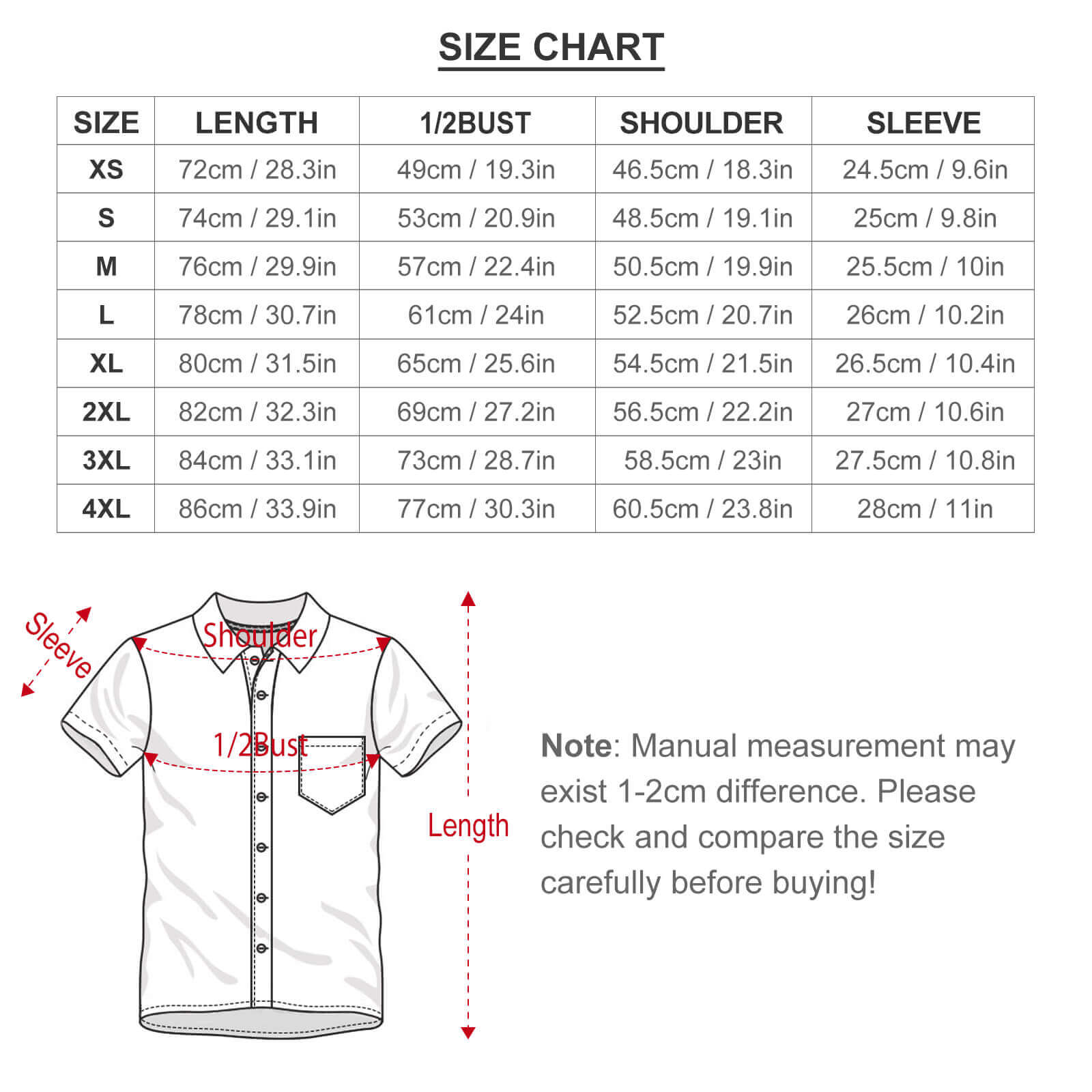 Size chart for custom men's short sleeve button down shirts, including length, bust, shoulder, and sleeve measurements.