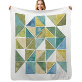MyArtsyGift Geo fleece blanket with triangle design in greens, blues, and beige, soft lamb wool, featuring WILD APPLE.