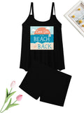 Black tankini swimsuit for women with beach graphic and 'Love You to the Beach and Back' text, perfect for vacations