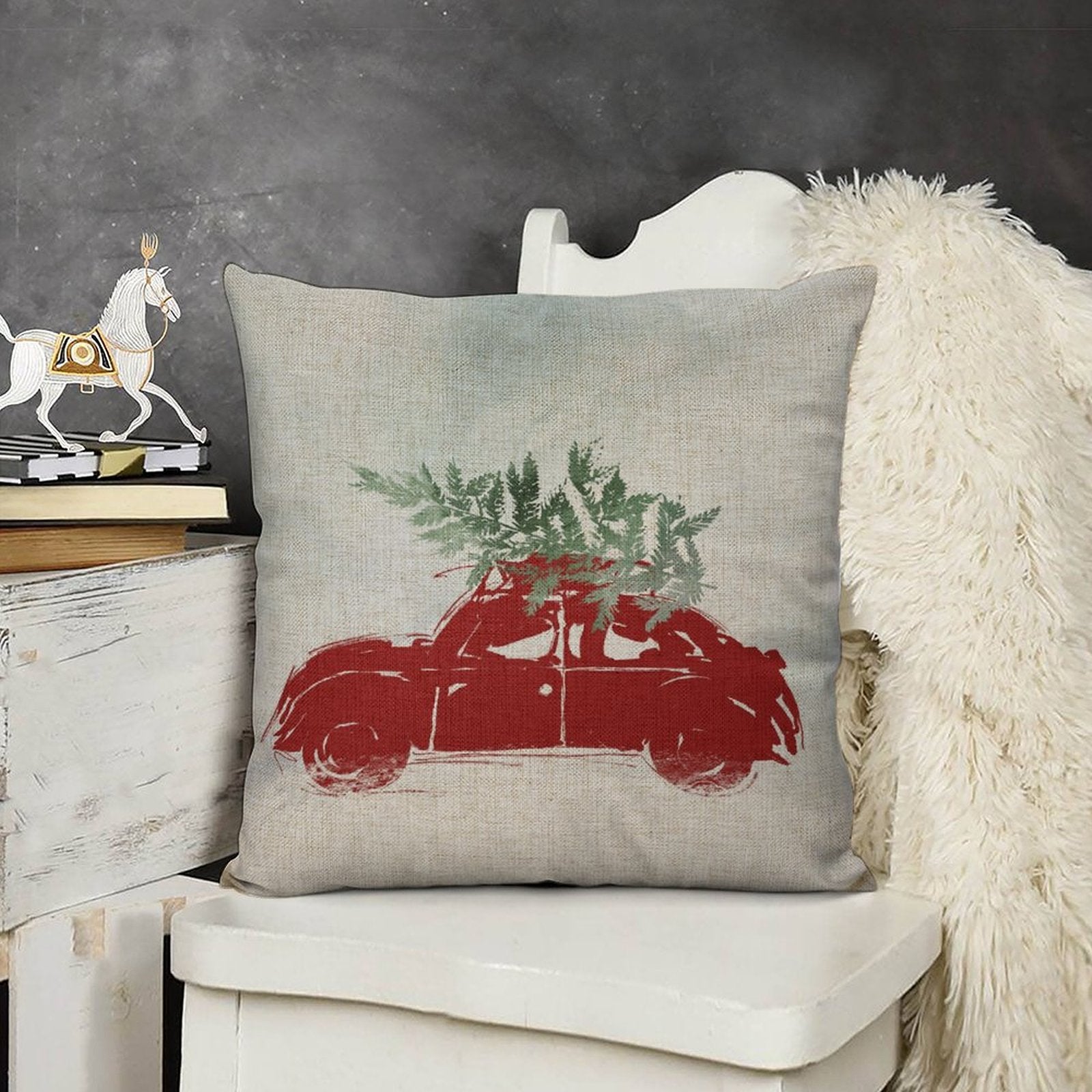Christmas linen pillow cover with red car and tree for sofa, couch, or bed. 18x18 inch cushion.