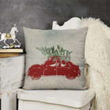 Christmas linen pillow cover with red car and tree for sofa, couch, or bed. 18x18 inch cushion.