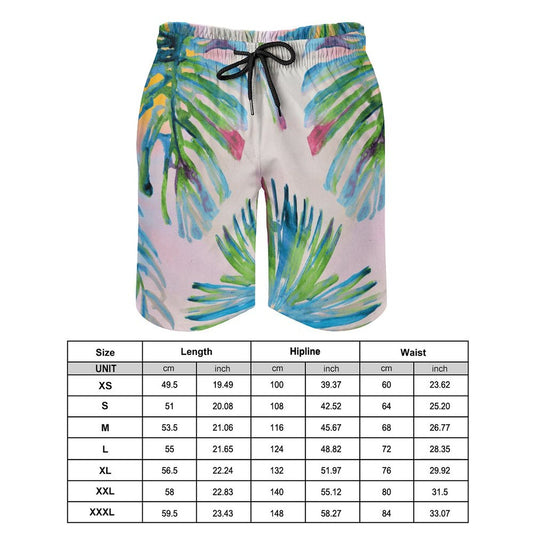Men's Hawaiian Swim Trunks with Palm Leaf Design, Drawstring waist, Mesh Lining, Size Chart Included