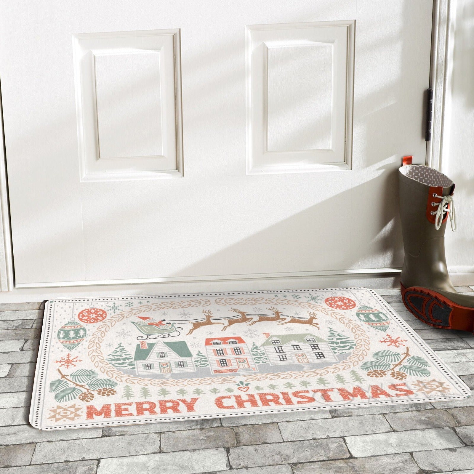 White frosty entrance doormat with Merry Christmas design, suitable for indoor or outdoor use, a rubber floor mat.