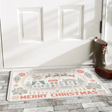 White frosty entrance doormat with Merry Christmas design, suitable for indoor or outdoor use, a rubber floor mat.
