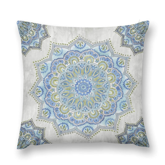 Soft plush pillow cover with blue and green watercolor mandala design, perfect for living room or bedroom decor.