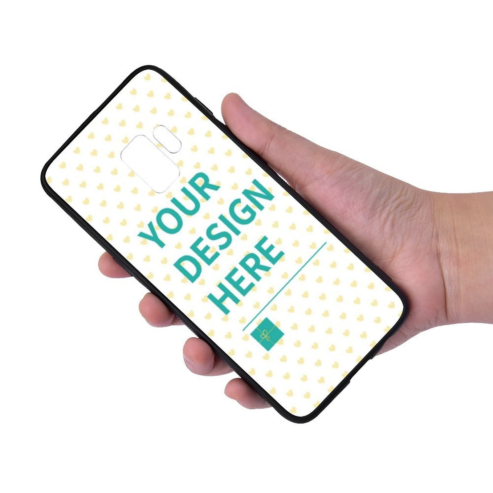 Custom Samsung Galaxy S9 case with 'YOUR DESIGN HERE' text, heart pattern design, black TPU case.