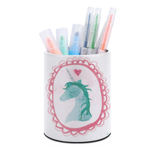 Unicorn Pen Pencil Holder. White PU leather desk organizer for home, office, and school supplies