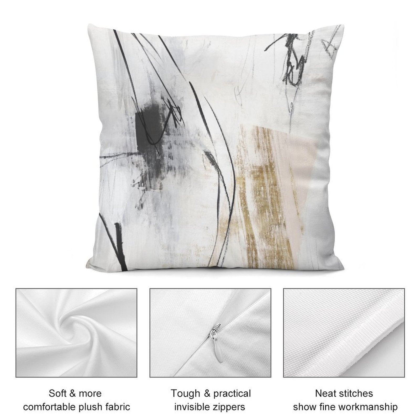 Abstract art plush pillow cover, soft fabric, neutral tones for sofa decor with invisible zipper.