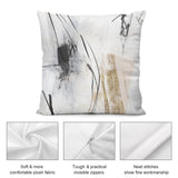 Abstract art plush pillow cover with a white, black, and gold design. Soft and comfortable, durable with invisible zipper.