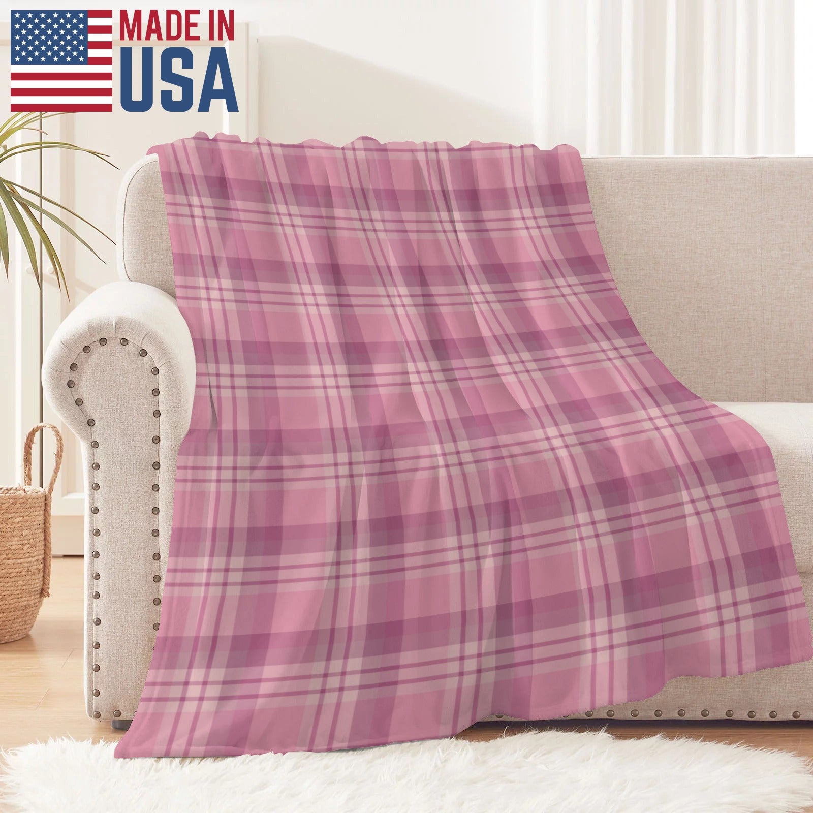 Pink buffalo plaid flannel blanket, Made in USA, perfect for cozy home decor and comfort.