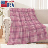 Pink buffalo plaid flannel blanket, Made in USA, perfect for cozy home decor and comfort.
