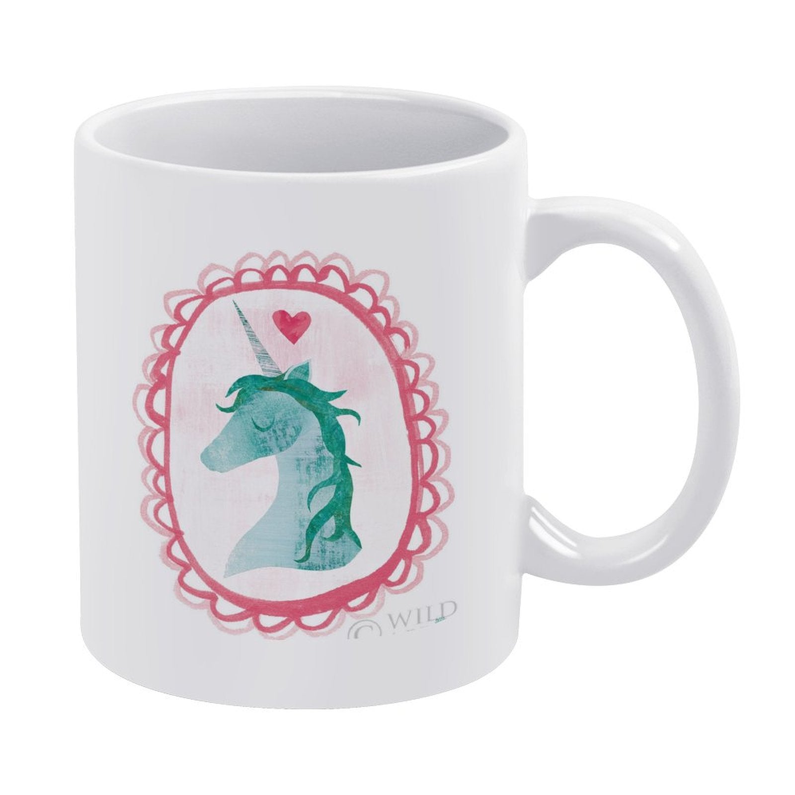 White ceramic mug with a Unicorn Magic II design, perfect for customized gifts, made in USA.