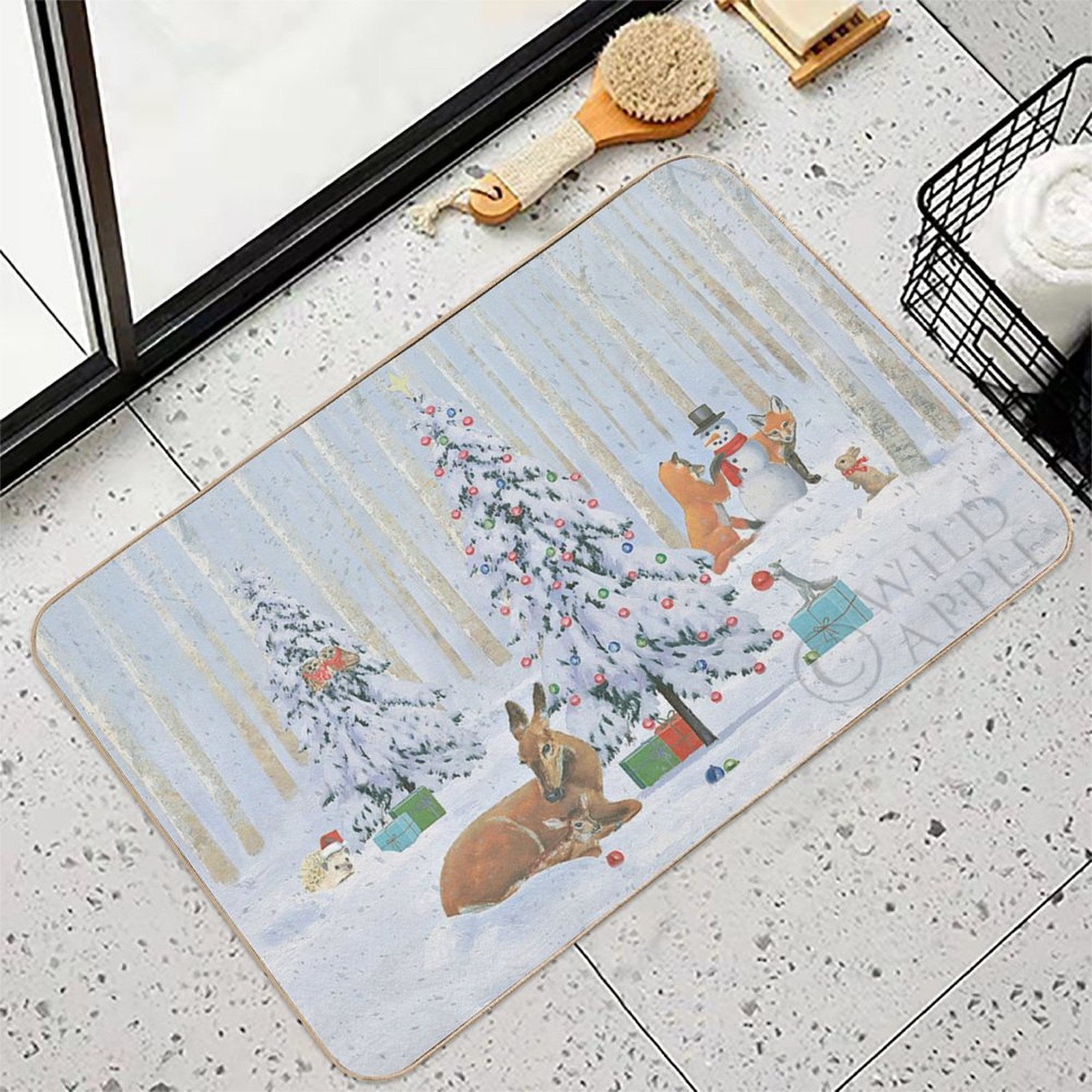 Christmas Critters Floor Mat with Deer, Fox, and Snowman in a Winter Scene. Washable and Non-Slip Rug for Bedroom