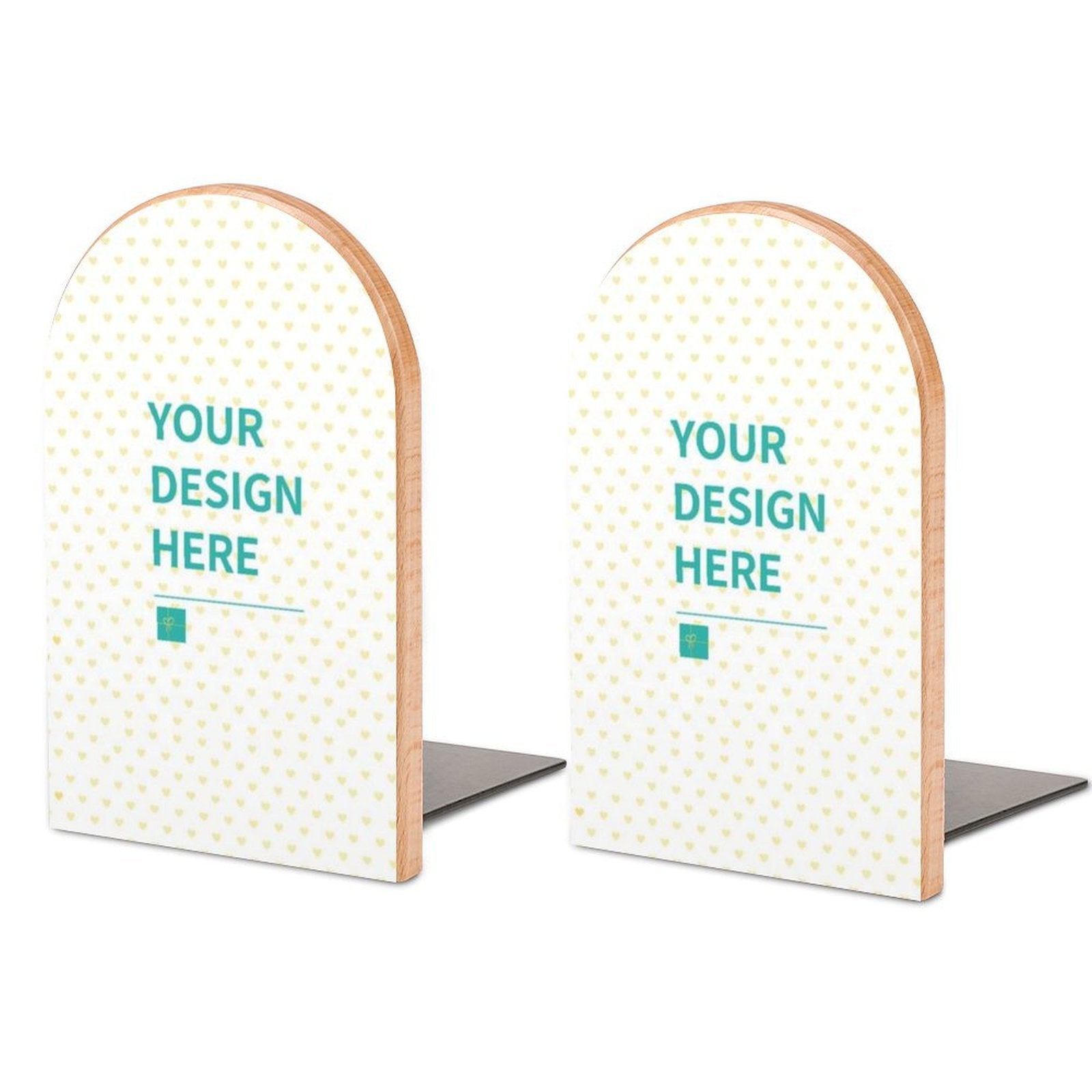 Personalized wood bookends, with 'YOUR DESIGN HERE'. Beech wood and iron, perfect for office and bookshelf.