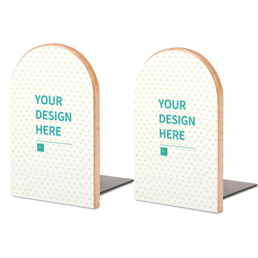 Personalized wood bookends, with 'YOUR DESIGN HERE'. Beech wood and iron, perfect for office and bookshelf.