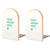 Personalized wood bookends, with 'YOUR DESIGN HERE'. Beech wood and iron, perfect for office and bookshelf.
