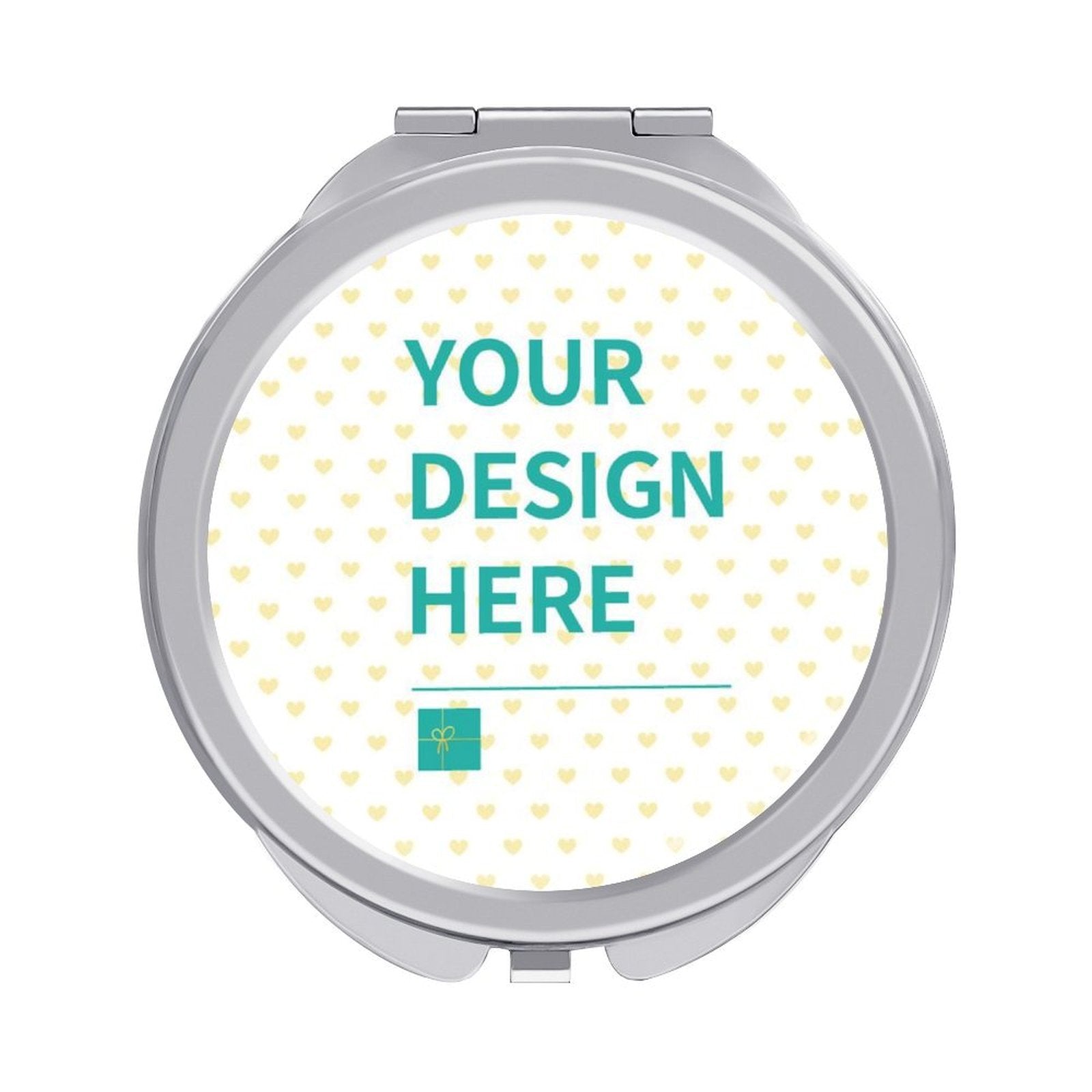 Customizable compact mirror with silver frame, featuring your design, perfect gift.