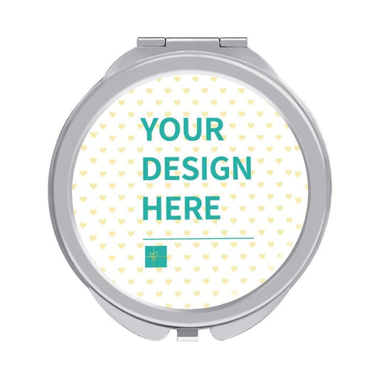 Customizable compact mirror with silver frame, featuring your design, perfect gift.
