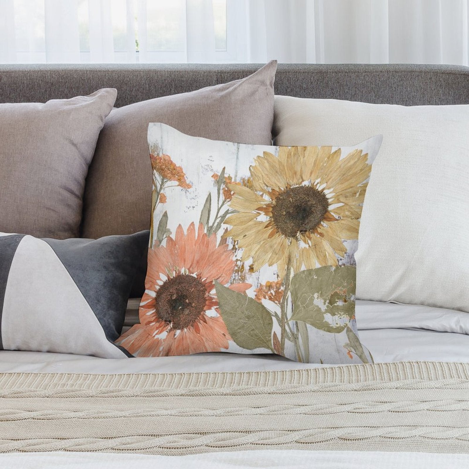 Sunflower throw pillow cover, soft plush material, perfect for sofa or living room decor, MyArtsyGift.com