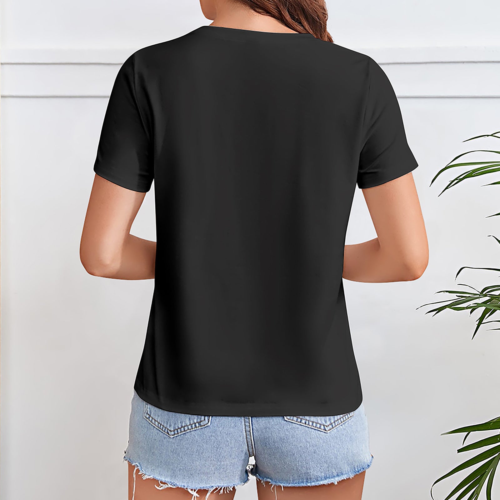 Black women's short sleeve crewneck t-shirt back view, casual style, MyArtsyGift
