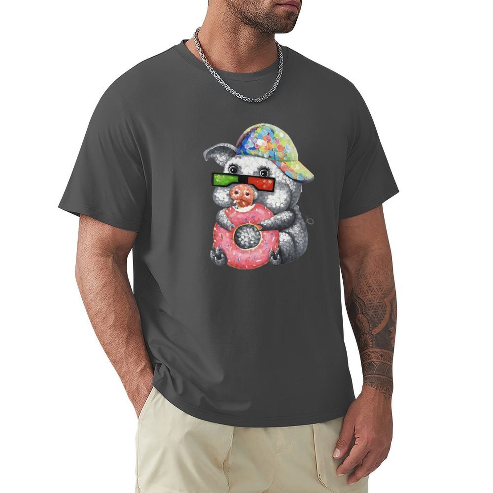 Men's charcoal crew neck t-shirt with pig graphic holding donut. MyArtsyGift classic tee.