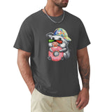 Men's charcoal crew neck t-shirt with pig graphic holding donut. MyArtsyGift classic tee.