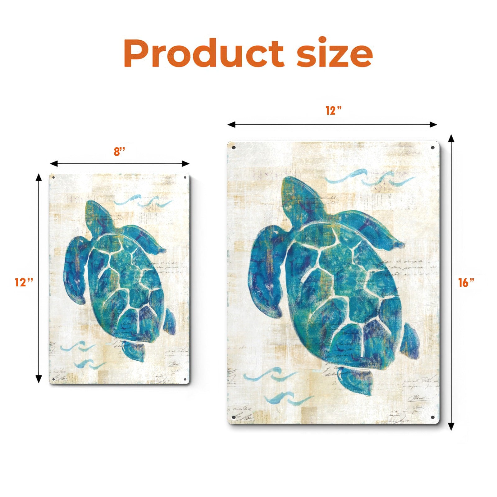 Sea turtle metal sign, turquoise wall art, beach home decor, product size, iron sign for bathroom or living room.