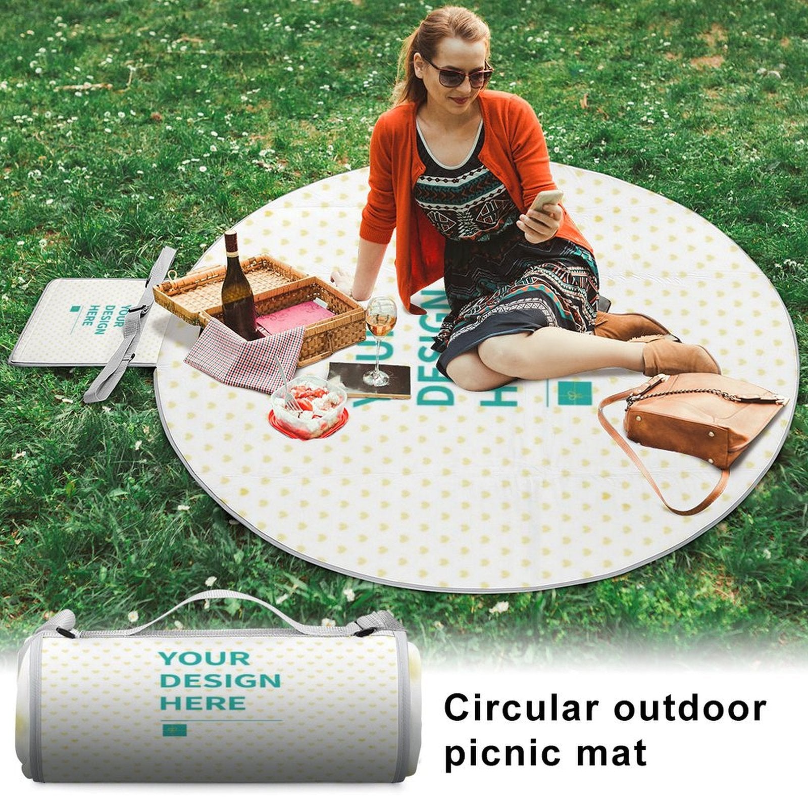 Round, waterproof picnic mat with customizable design; perfect for outdoor use, beach, camping, or family picnic.