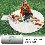 Round, waterproof picnic mat with customizable design; perfect for outdoor use, beach, camping, or family picnic.
