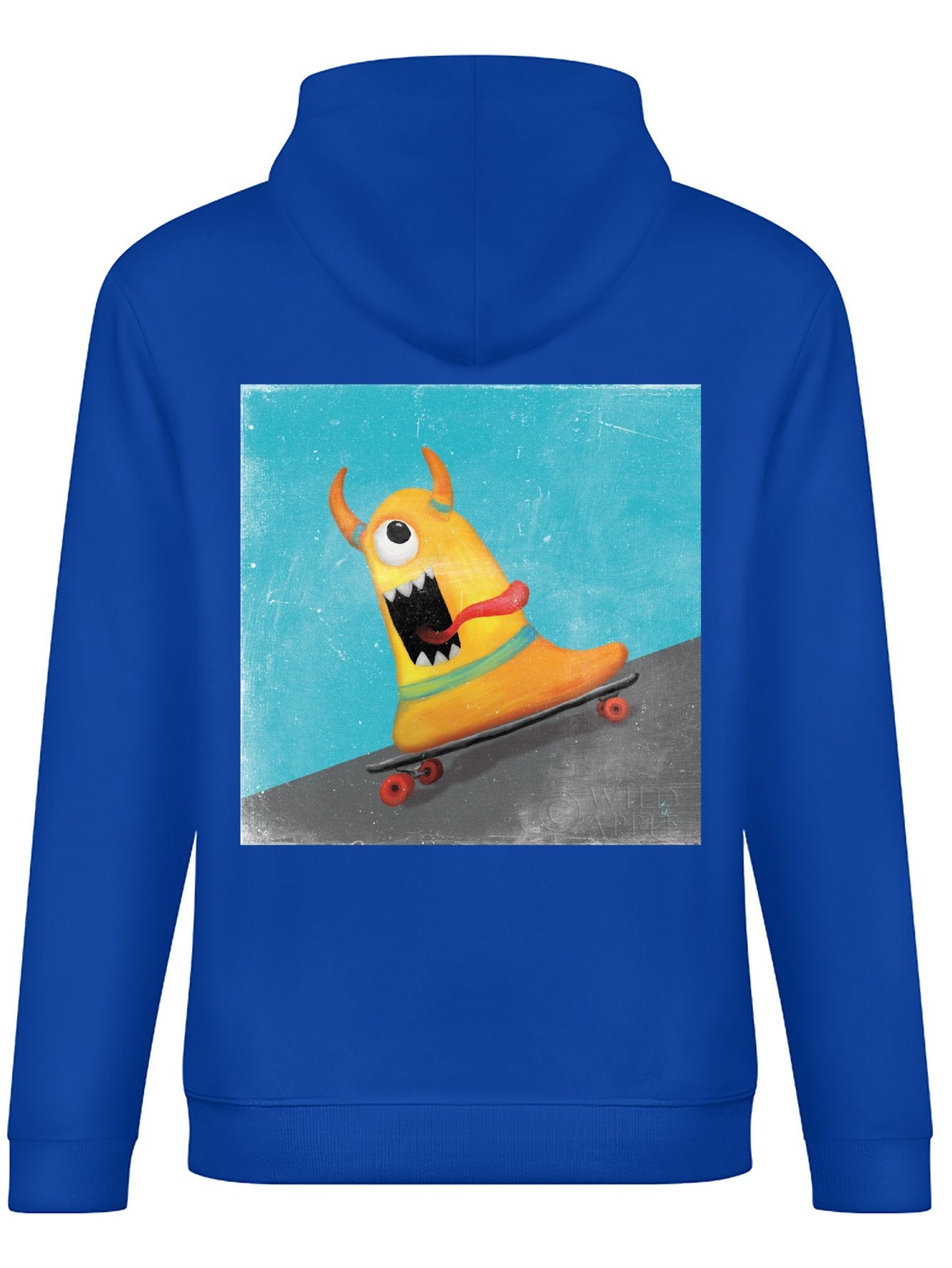Men's blue Xtreme Monsters IV hooded sweatshirt, comfortable USA made, monster skateboard design.