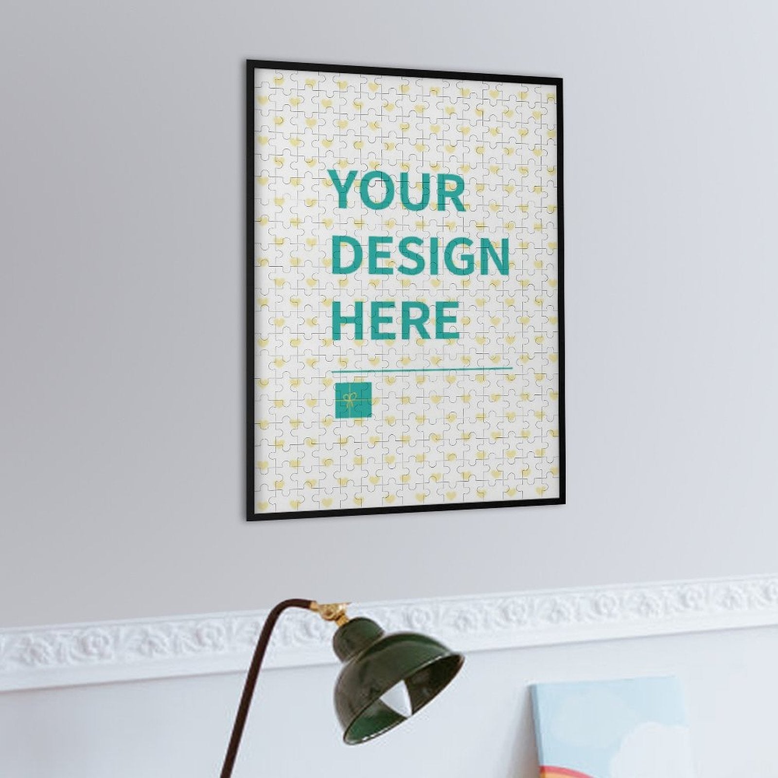 Custom photo puzzle with 'YOUR DESIGN HERE'. Personalized wooden jigsaw puzzle gift for adults and family game nights