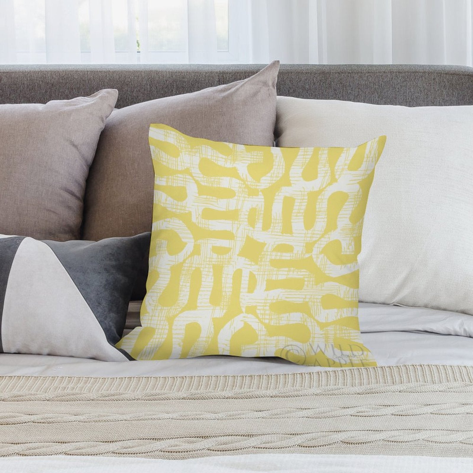 Yellow abstract pattern plush pillow cover for sofa or living room