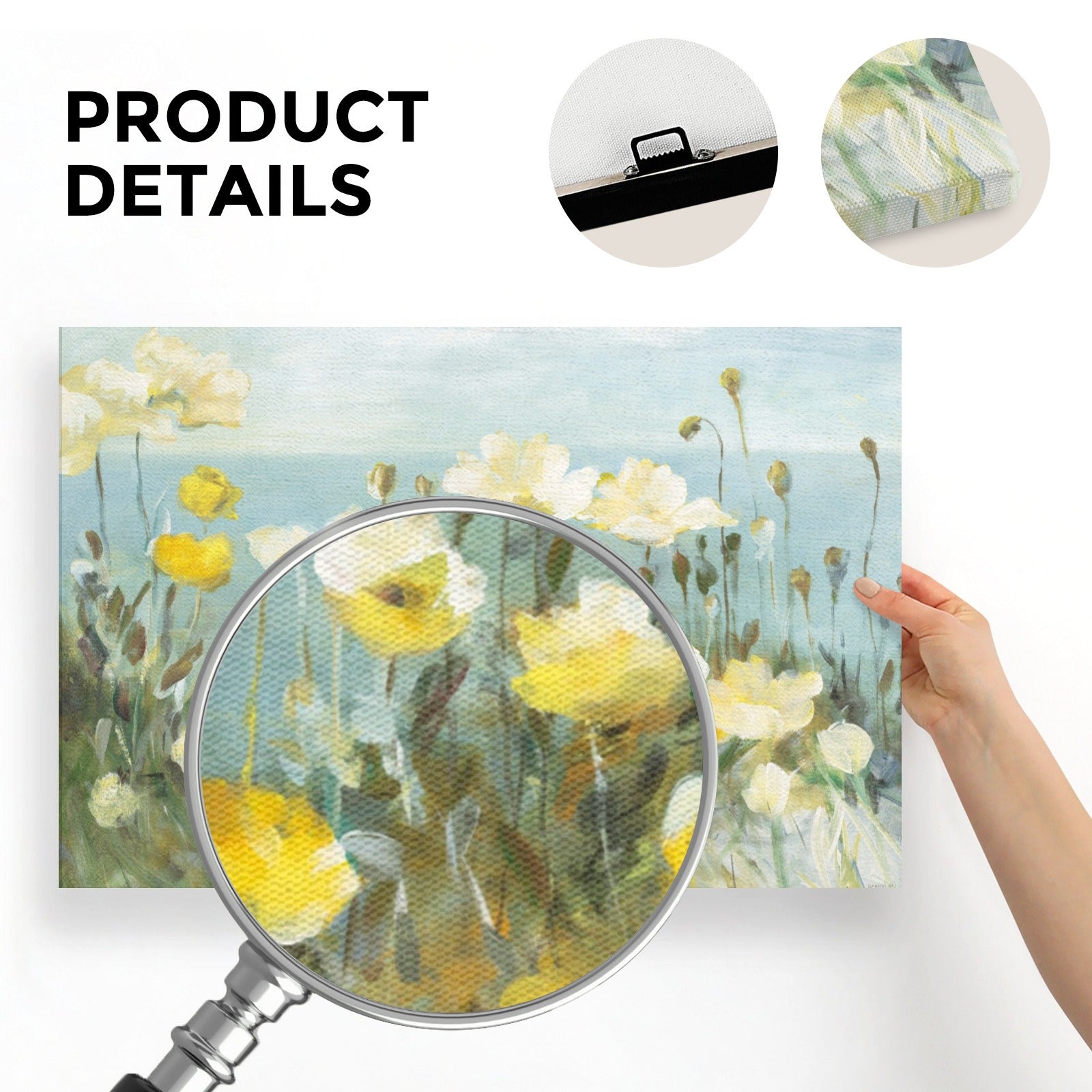 Yellow poppy canvas print. Wall decor, bright floral art with close-up of canvas and hanging details.