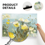 Yellow poppy canvas print. Wall decor, bright floral art with close-up of canvas and hanging details.