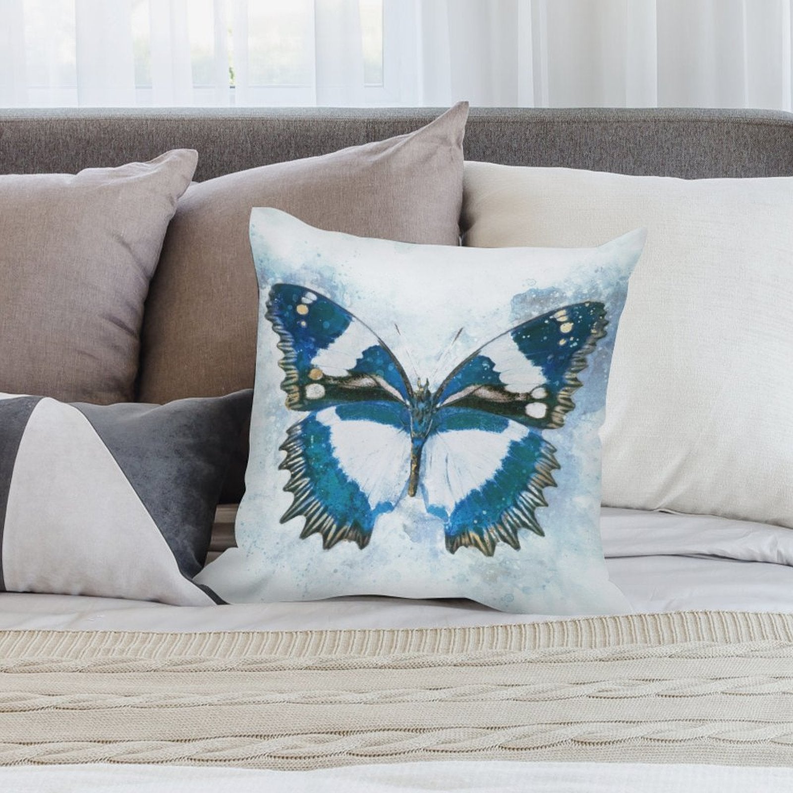 Blue butterfly plush pillow cover for sofa or bed decor. Soft short plush fabric.