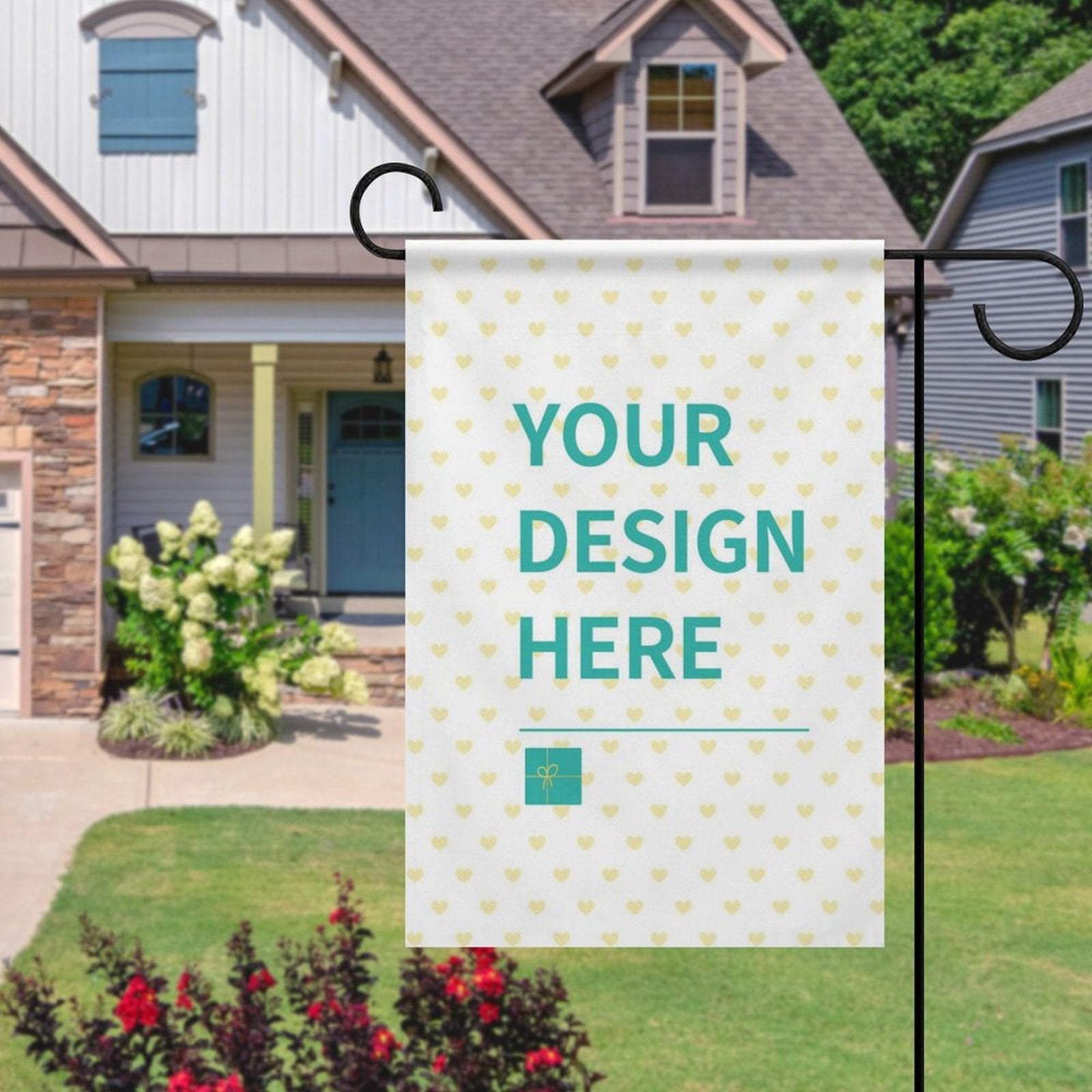 Personalized garden flag with customizable design, 'YOUR DESIGN HERE' text, and heart pattern for lawn decor.