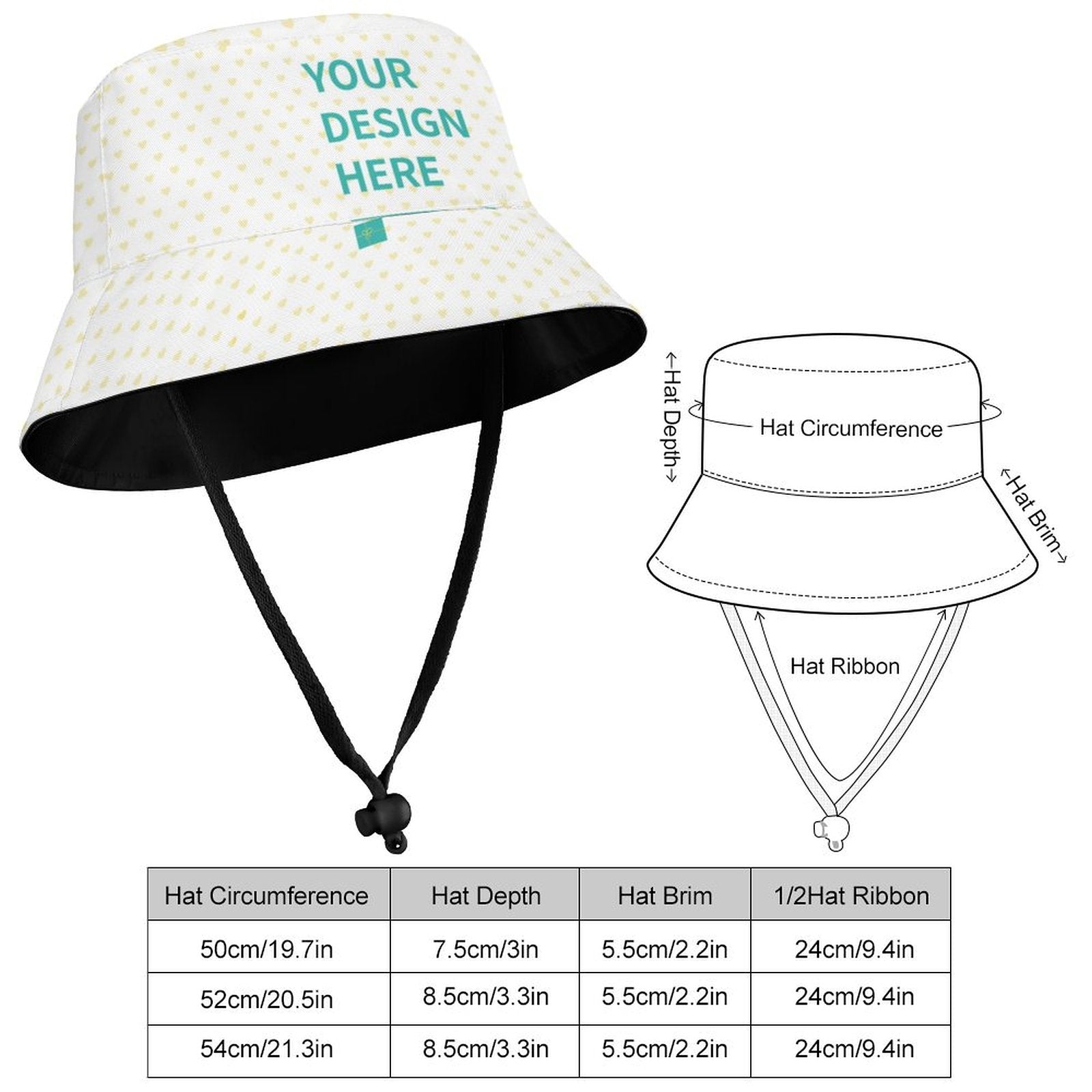 Customizable baby sunhat with heart pattern and "YOUR DESIGN HERE" text; personalized outdoor sun hat for kids