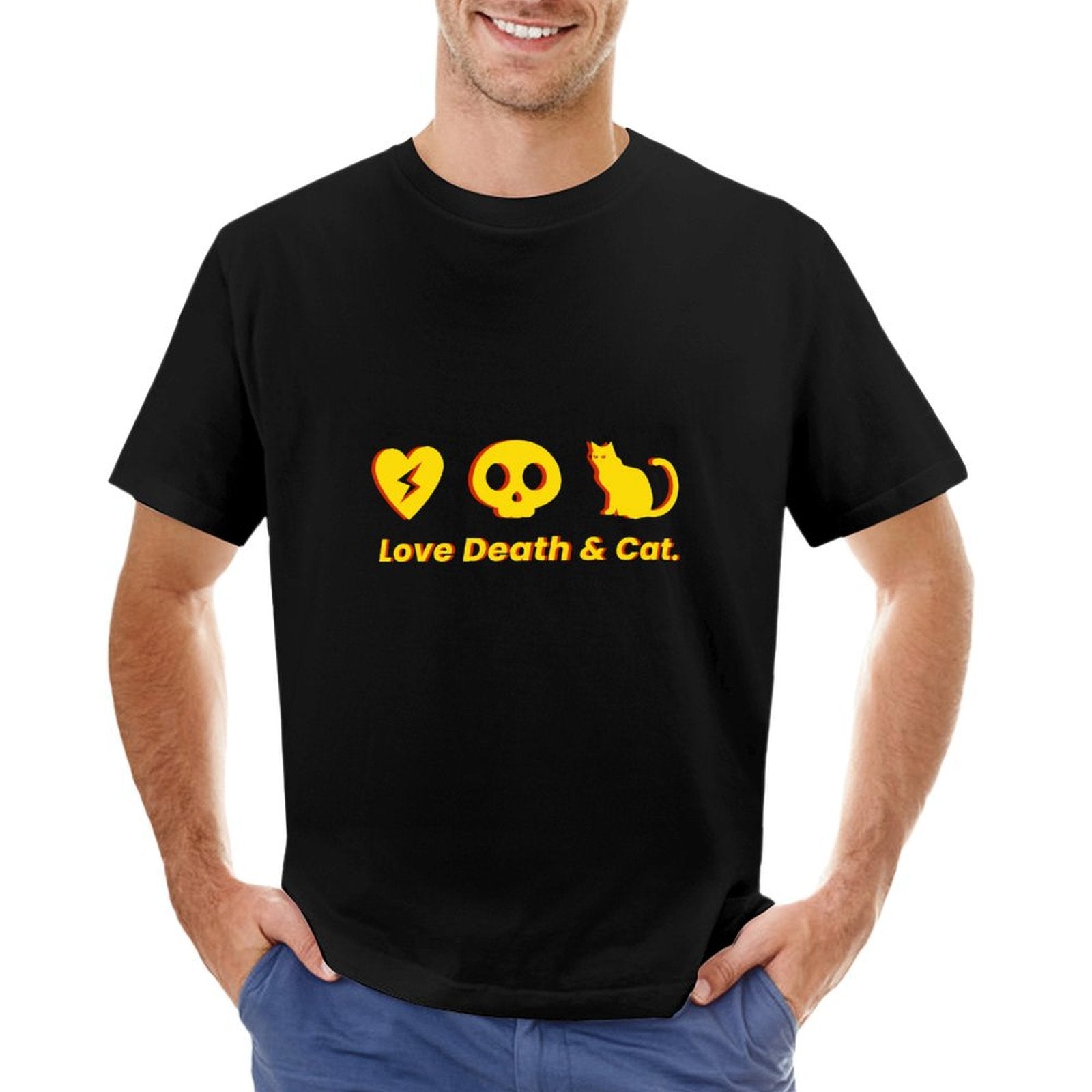 Men's black cotton crew neck t-shirt with Love Death & Cat design, classic tee for men, available in S-6XL