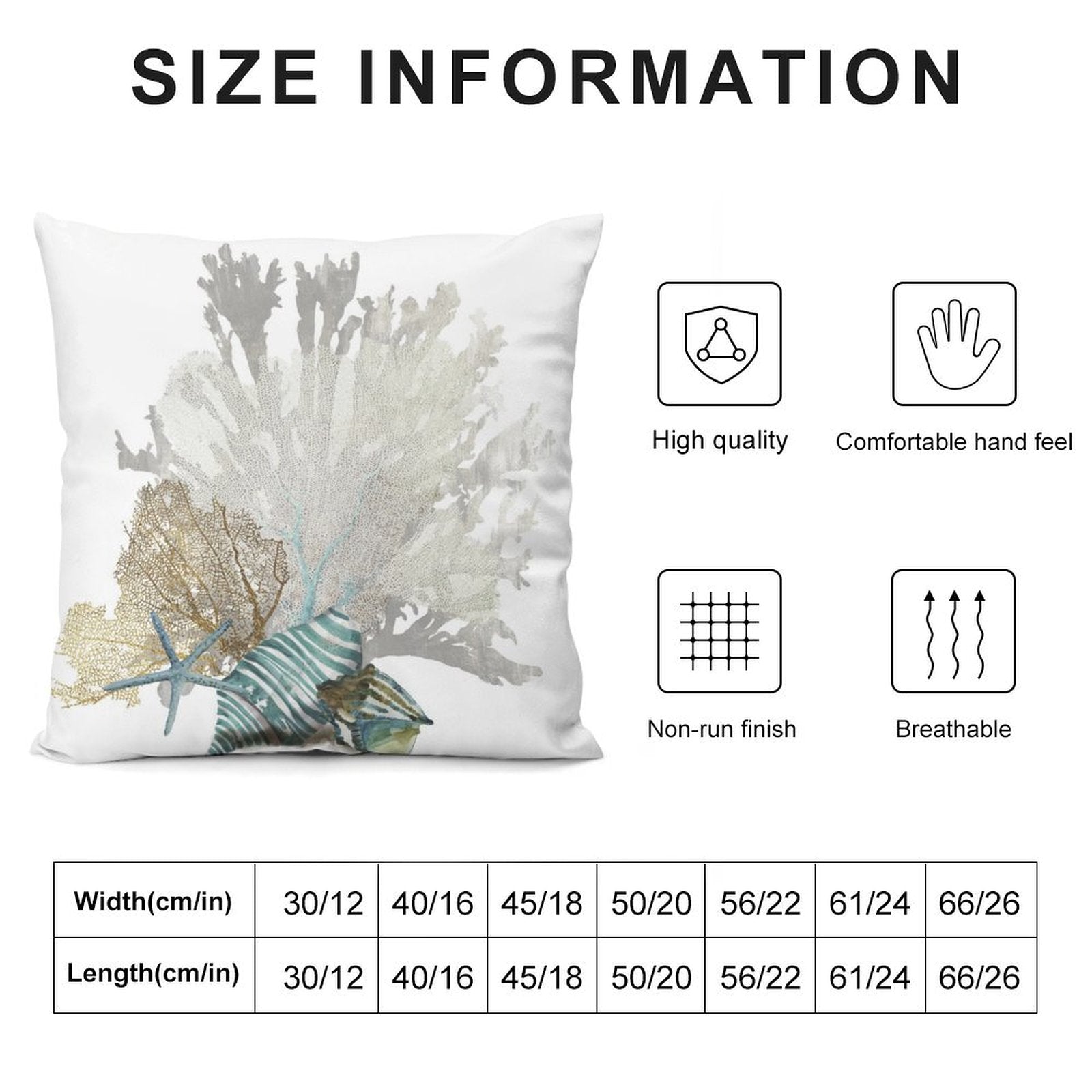 White plush pillow cover with coral reef design, size information, high quality, comfortable, breathable, non-run finish