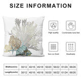 White plush pillow cover with coastal coral, shell design, size chart, and quality details for sofa and living room decor