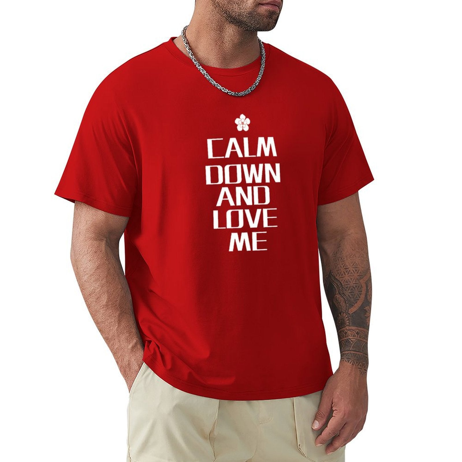 Men's red Calm Down and Love Me crew neck t-shirt. Cotton tee, MyArtsyGift