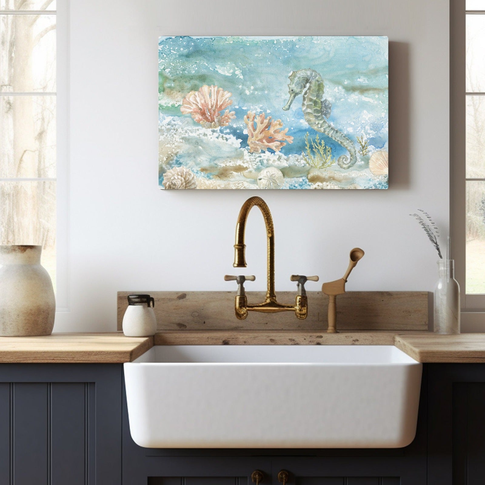 Under Sea Life II seahorse and coral canvas print, USA made, kitchen decor