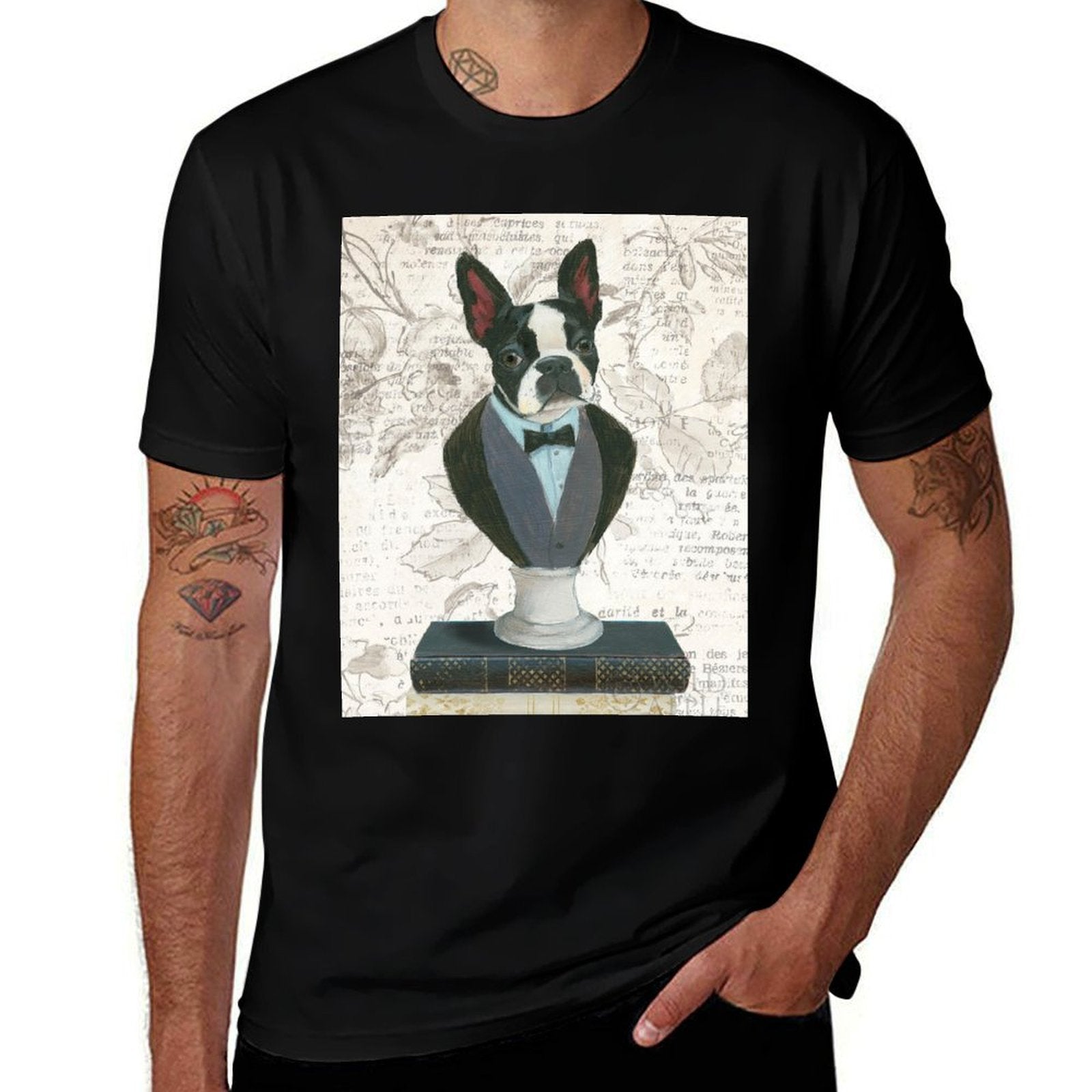 Black cotton t-shirt featuring a Boston Terrier dressed in formal attire, Canine Couture design