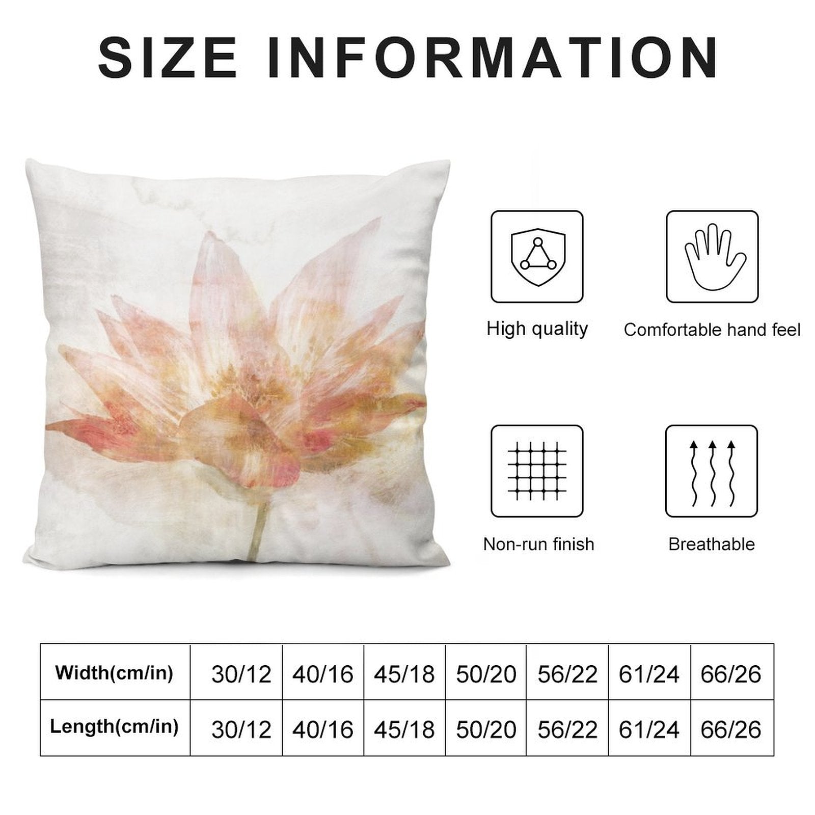 MyArtsyGift floral throw pillow cover with size chart and quality features like breathable and high quality.