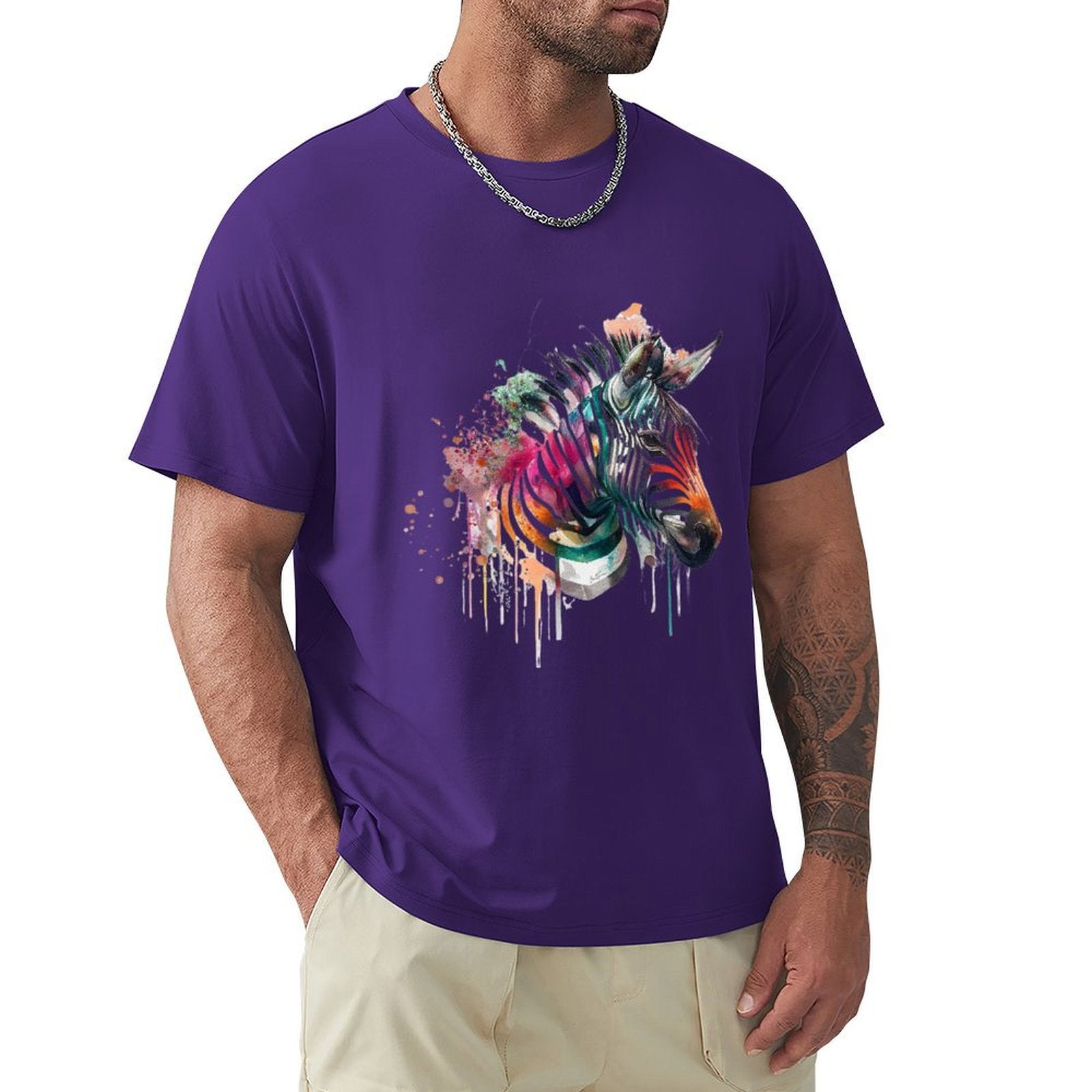 Men's purple crew neck t-shirt with a watercolor zebra design.