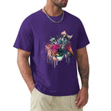 Men's purple crew neck t-shirt with a watercolor zebra design.