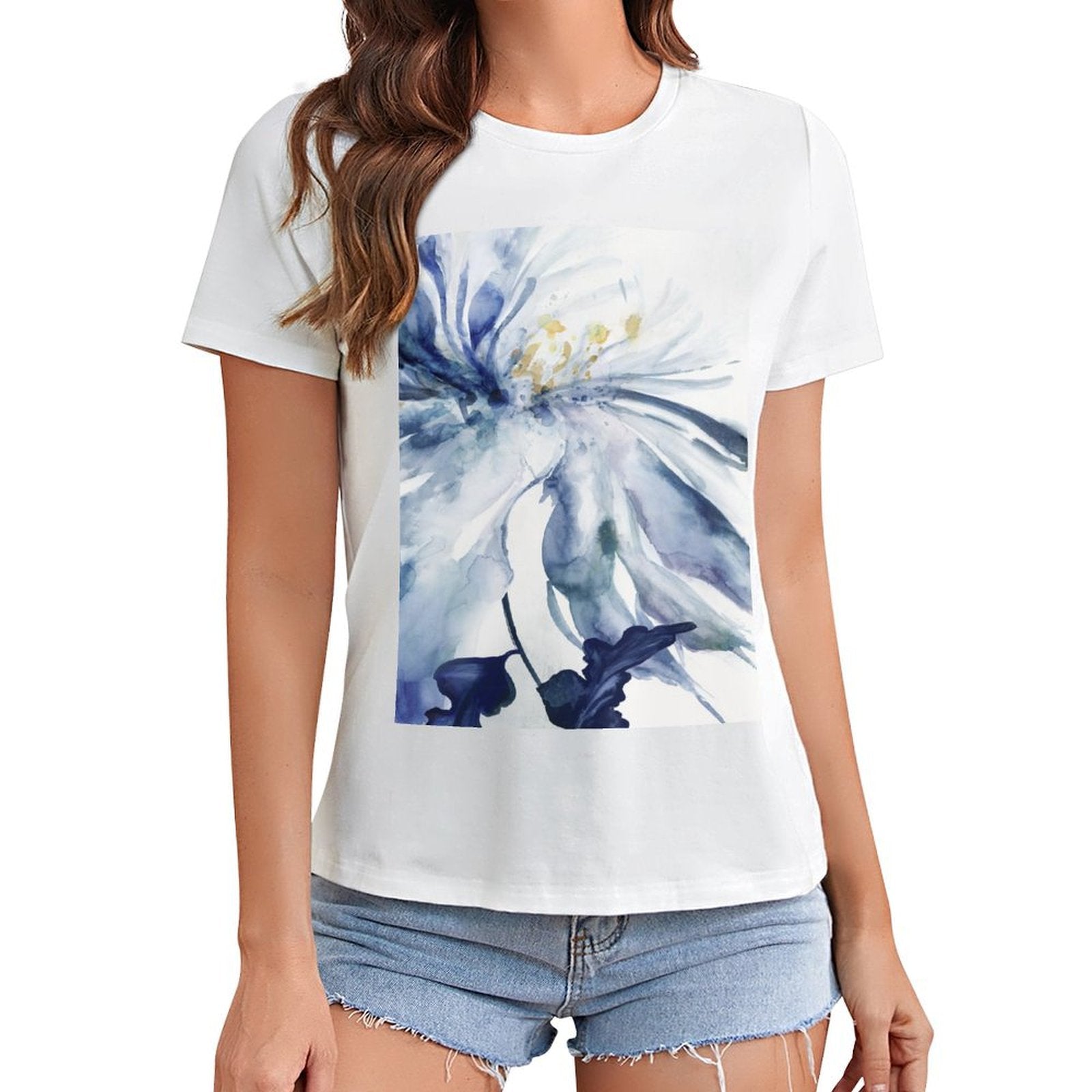 White women's t-shirt with blue watercolor floral print. Artistic and unique design by MyArtsyGift.