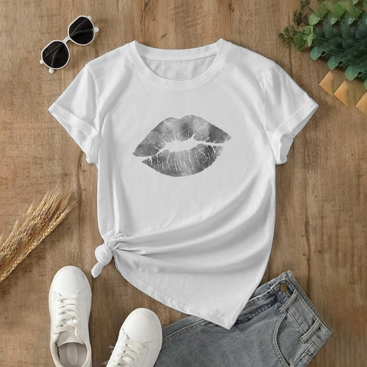 White cotton Hollywood Kisssilv Classic Women's T-shirt with gray kiss print.