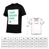 Customizable black t-shirt with 'YOUR DESIGN HERE' design, size chart for personalized apparel.