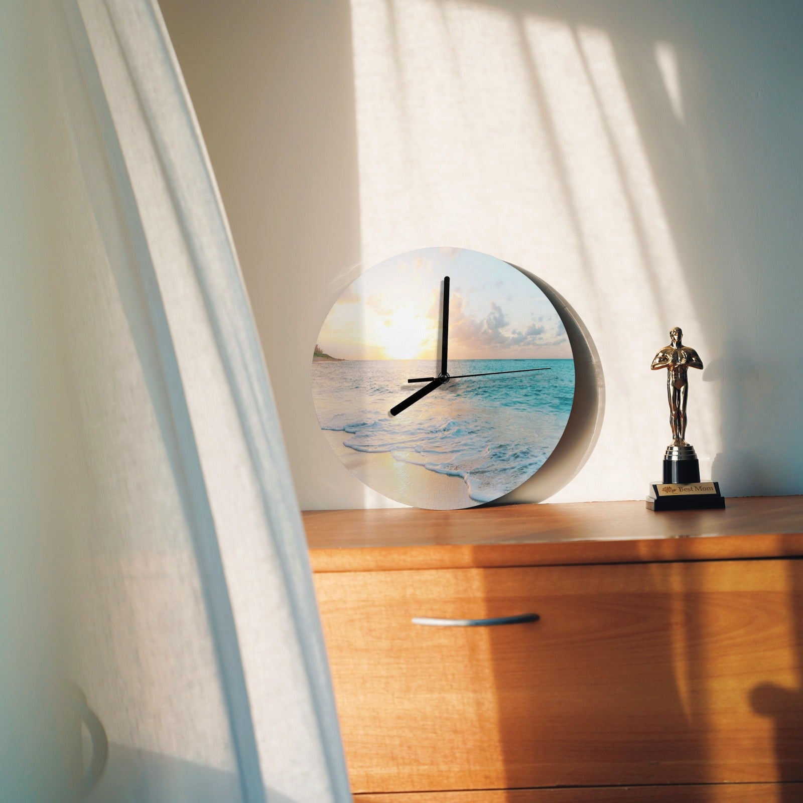 Round beach scene MDF wall clock, for living room decor, sunset design, quartz movement